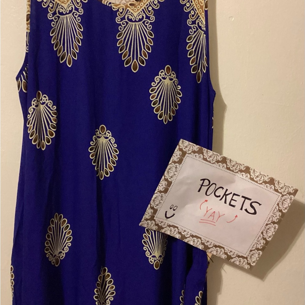 GM Fashion Sleeveless Blue Patterned Dress p2p~22” length: 50” with Pockets - Picture 6 of 10
